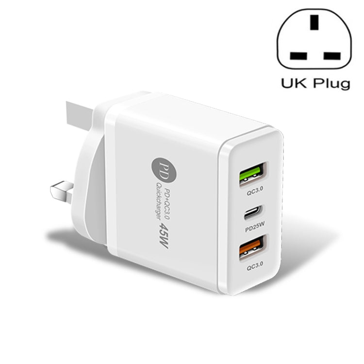 45W PD3.0 + 2 x QC3.0 USB Multi Port Quick Charger, UK Plug(White)
