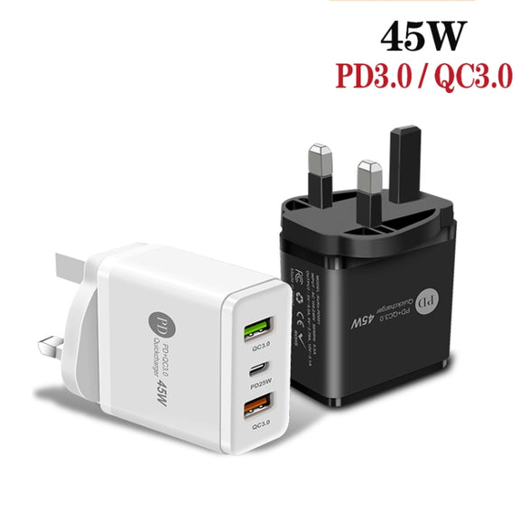 45W PD3.0 + 2 x QC3.0 USB Multi Port Quick Charger, UK Plug(White)