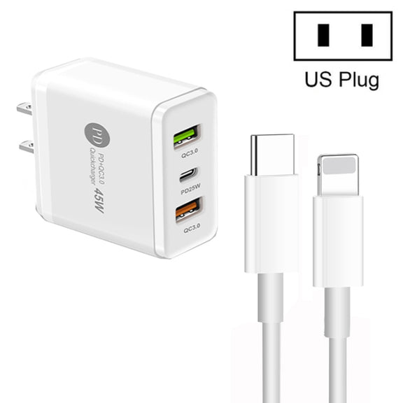 45W PD3.0 + 2 x QC3.0 USB Multi Port Charger with Type-C to 8 Pin Cable, US Plug(White)