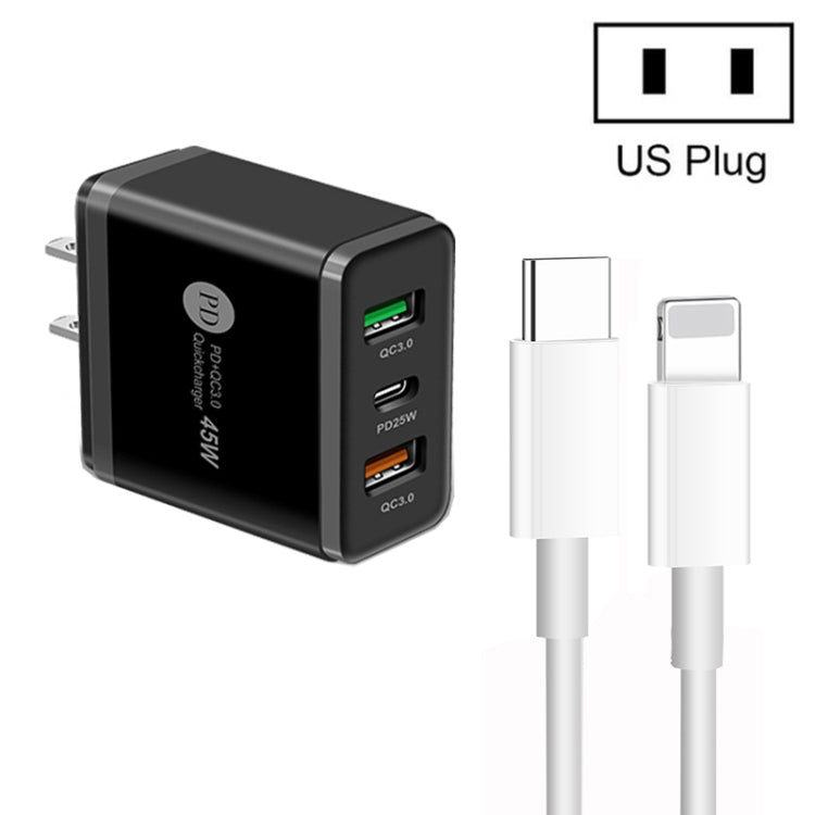 45W PD3.0 + 2 x QC3.0 USB Multi Port Charger with Type-C to 8 Pin Cable, US Plug(Black)