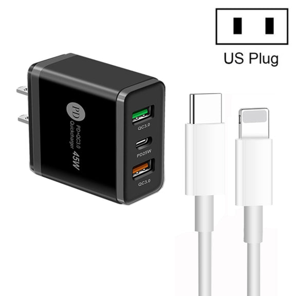 45W PD3.0 + 2 x QC3.0 USB Multi Port Charger with Type-C to 8 Pin Cable, US Plug(Black)