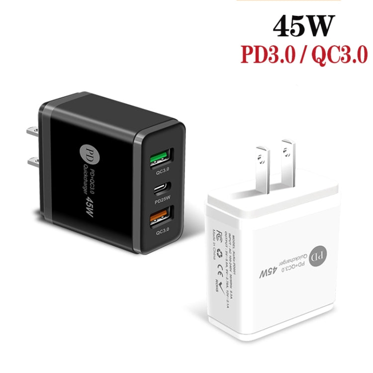 45W PD3.0 + 2 x QC3.0 USB Multi Port Charger with Type-C to 8 Pin Cable, US Plug(White)