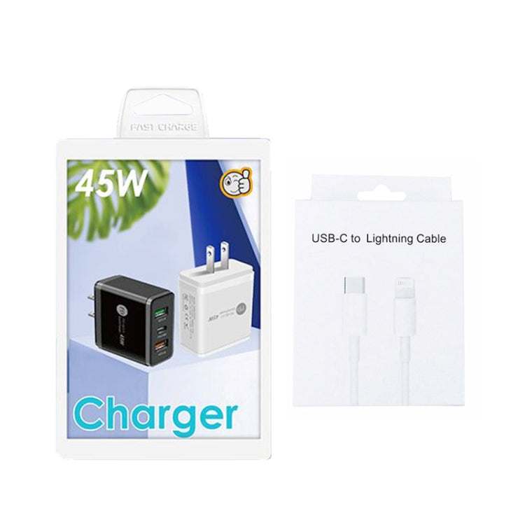 45W PD3.0 + 2 x QC3.0 USB Multi Port Charger with Type-C to 8 Pin Cable, US Plug(White)