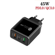 45W PD3.0 + 2 x QC3.0 USB Multi Port Charger with Type-C to 8 Pin Cable, EU Plug(Black)