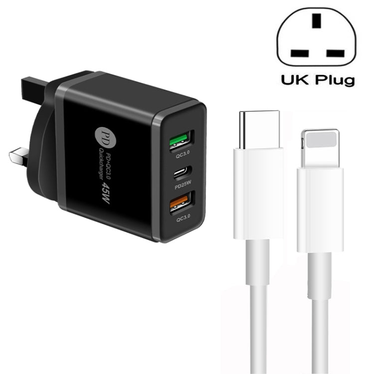45W PD3.0 + 2 x QC3.0 USB Multi Port Charger with Type-C to 8 Pin Cable, UK Plug(Black)