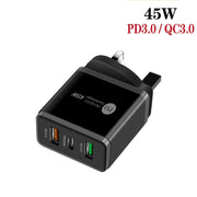 45W PD3.0 + 2 x QC3.0 USB Multi Port Charger with Type-C to 8 Pin Cable, UK Plug(Black)
