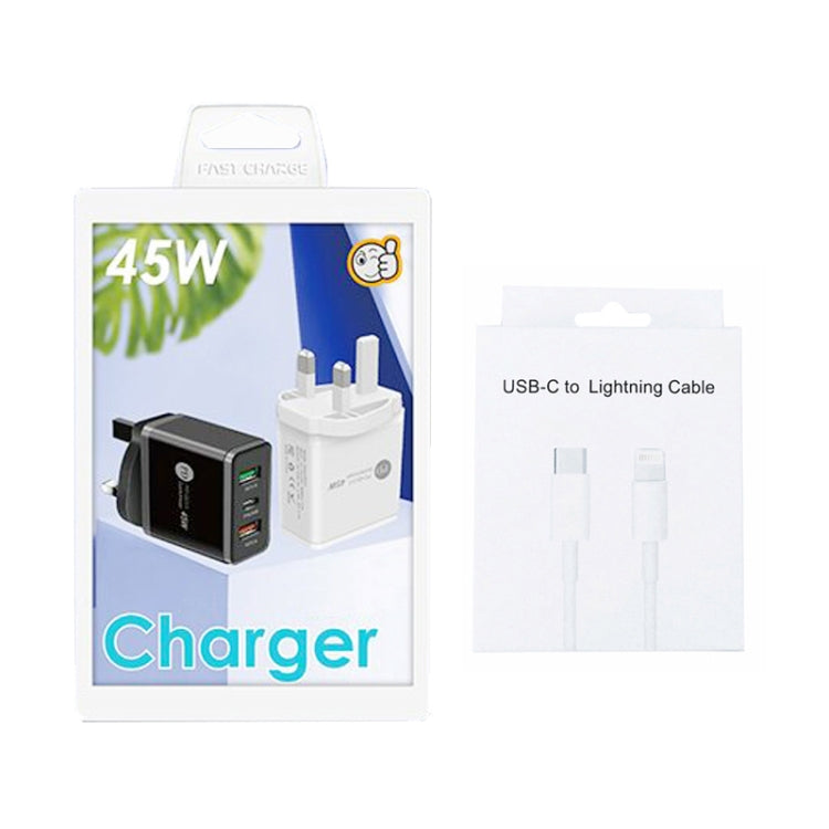 45W PD3.0 + 2 x QC3.0 USB Multi Port Charger with Type-C to 8 Pin Cable, UK Plug(White)