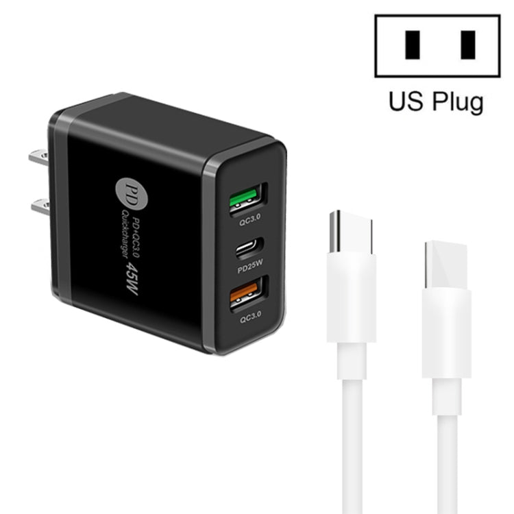 45W PD3.0 + 2 x QC3.0 USB Multi Port Charger with Type-C to Type-C Cable, US Plug(Black)