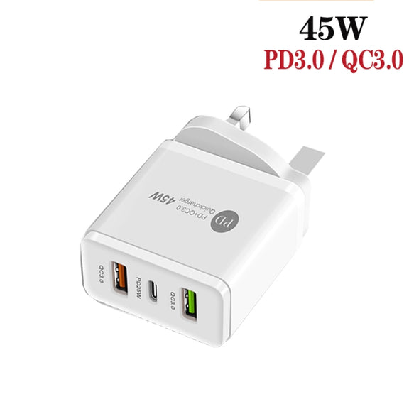 45W PD3.0 + 2 x QC3.0 USB Multi Port Charger with Type-C to Type-C Cable, UK Plug(White)