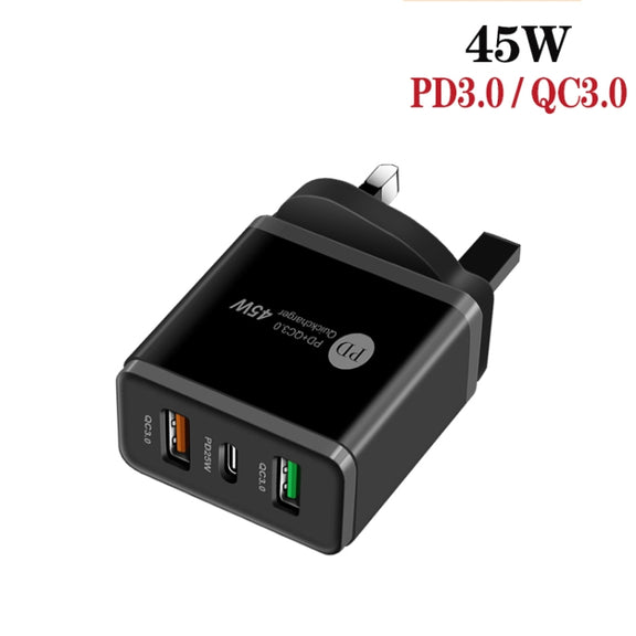 45W PD3.0 + 2 x QC3.0 USB Multi Port Charger with Type-C to Type-C Cable, UK Plug(Black)