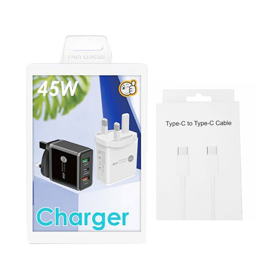 45W PD3.0 + 2 x QC3.0 USB Multi Port Charger with Type-C to Type-C Cable, UK Plug(Black)