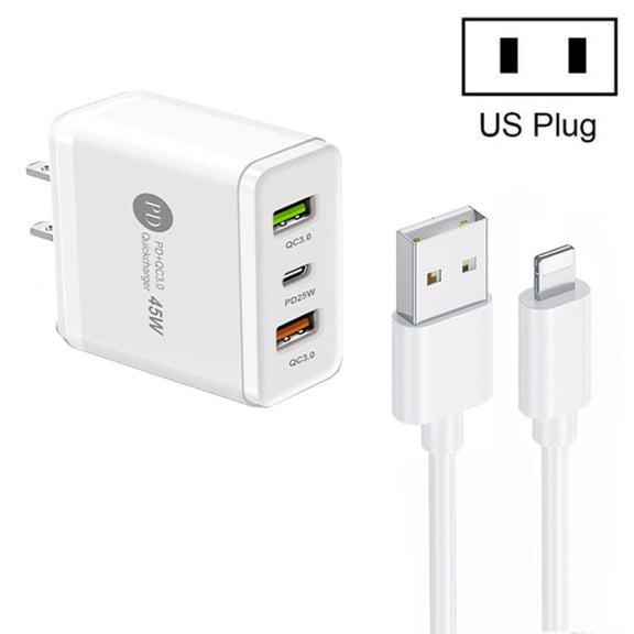 45W PD25W + 2 x QC3.0 USB Multi Port Charger with USB to 8 Pin Cable, US Plug(White)