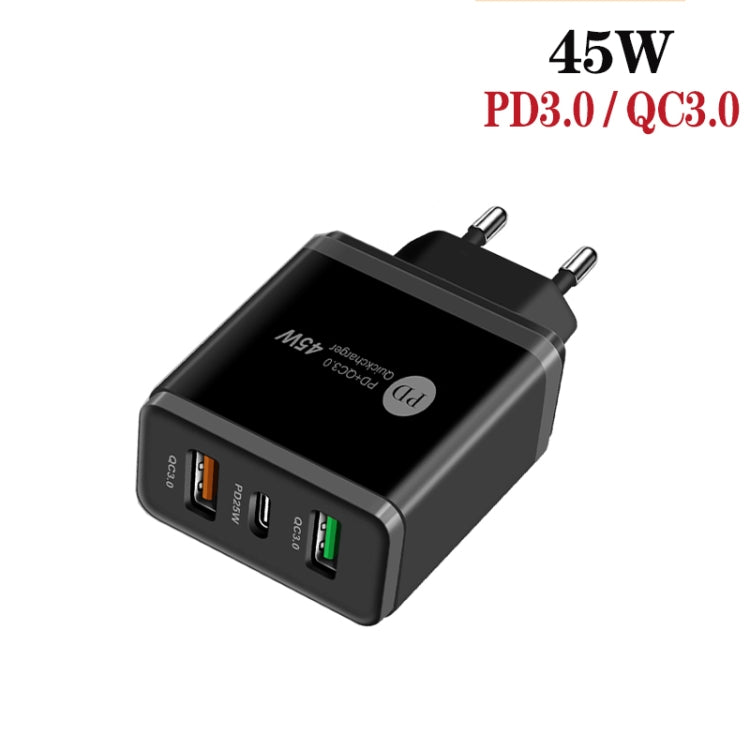 45W PD25W + 2 x QC3.0 USB Multi Port Charger with USB to 8 Pin Cable, EU Plug(Black)