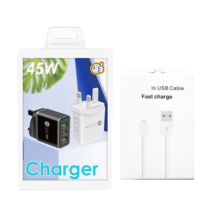 45W PD25W + 2 x QC3.0 USB Multi Port Charger with USB to 8 Pin Cable, UK Plug(White)