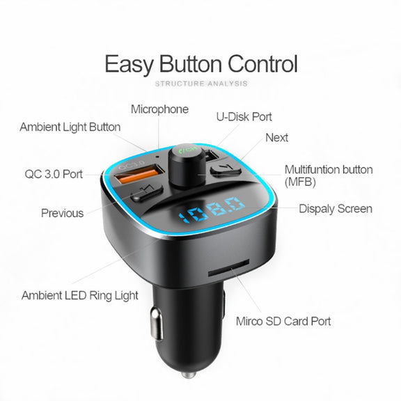 T25S Car MP3 Player Multi-function BT5.0 Dual USB Chargers