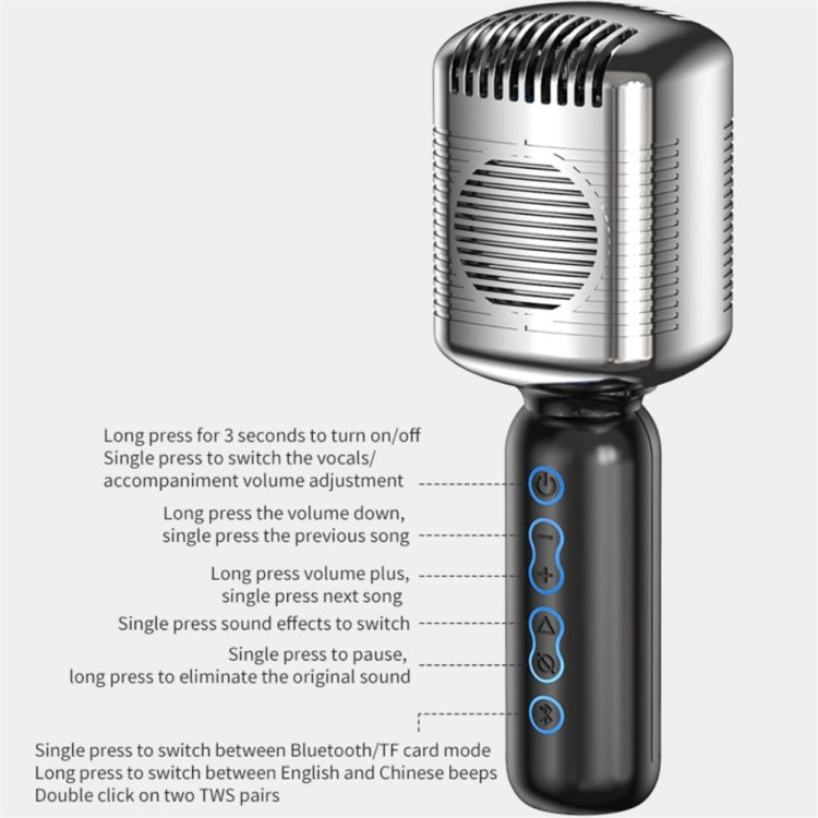 KM600 Wireless Microphone TWS Handheld Noise Reduction Smart Bluetooth-compatible Condenser Mic Music Player for Singing(Sliver)