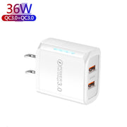 36W Dual Port QC3.0 USB Mobile Phone Charger Dual 18W Output, US Plug(White)
