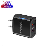 36W Dual Port QC3.0 USB Mobile Phone Charger Dual 18W Output, US Plug(Black)