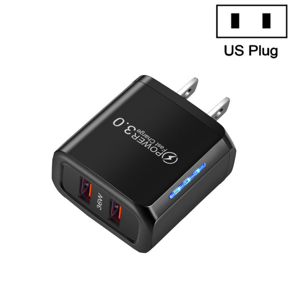 36W Dual Port QC3.0 USB Mobile Phone Charger Dual 18W Output, US Plug(Black)