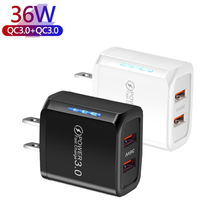 36W Dual Port QC3.0 USB Mobile Phone Charger Dual 18W Output, US Plug(White)