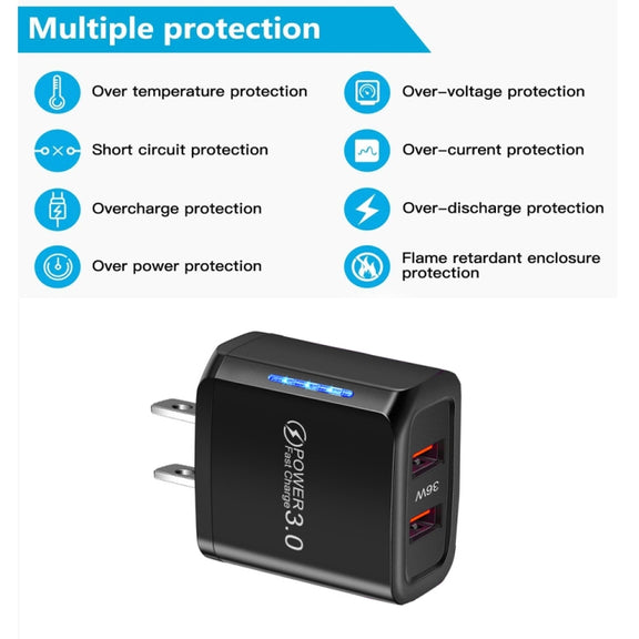 36W Dual Port QC3.0 USB Mobile Phone Charger Dual 18W Output, US Plug(White)