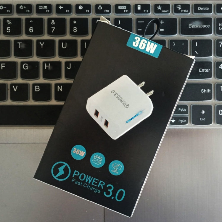 36W Dual Port QC3.0 USB Mobile Phone Charger Dual 18W Output, US Plug(White)