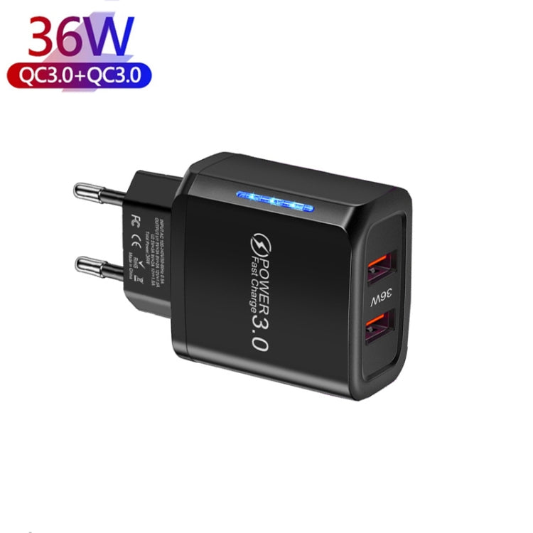 36W Dual Port QC3.0 USB Mobile Phone Charger Dual 18W Output, EU Plug(Black)