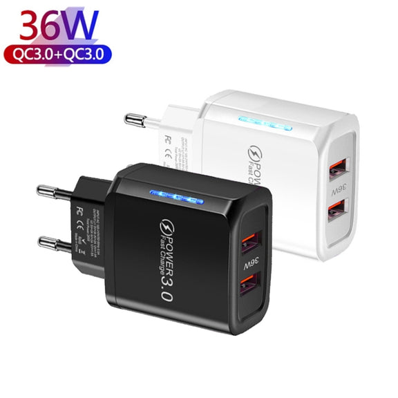 36W Dual Port QC3.0 USB Mobile Phone Charger Dual 18W Output, EU Plug(White)