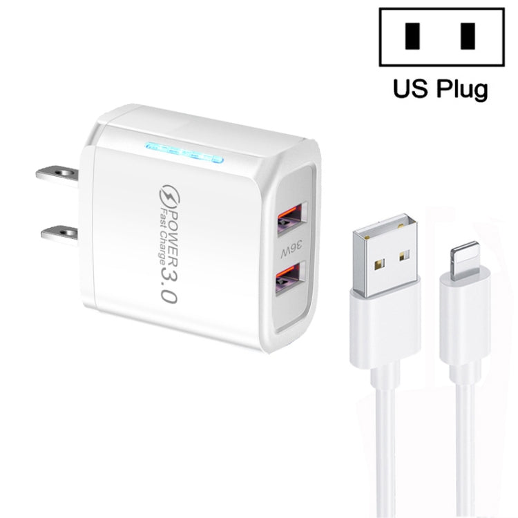 36W Dual Port QC3.0 USB Charger with 3A USB to 8 Pin Data Cable, US Plug(White)