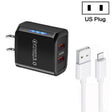 36W Dual Port QC3.0 USB Charger with 3A USB to 8 Pin Data Cable, US Plug(Black) - USB Charger by PMC TechLife | Online Shopping South Africa | PMC TechLife | Buy Now Pay Later Mobicred