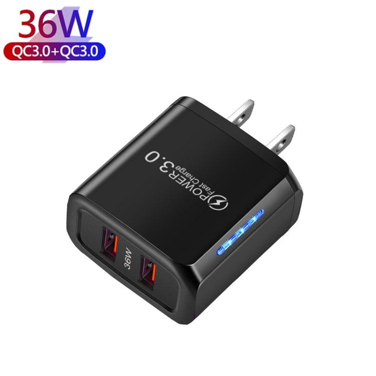 36W Dual Port QC3.0 USB Charger with 3A USB to 8 Pin Data Cable, US Plug(Black)
