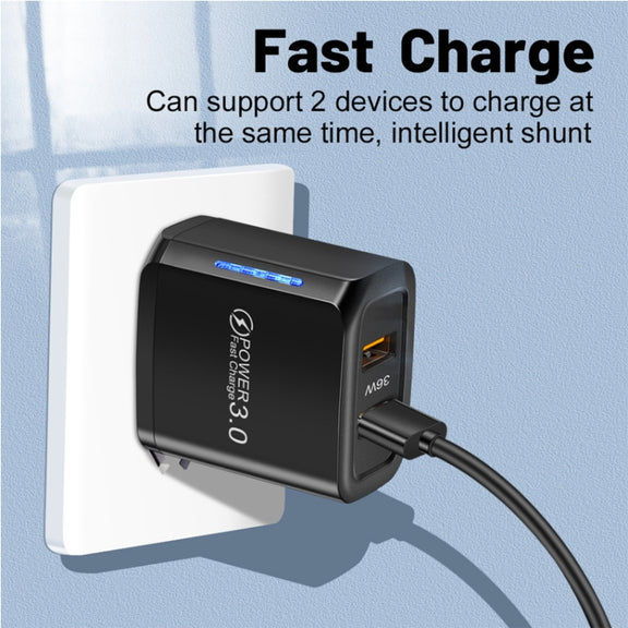 36W Dual Port QC3.0 USB Charger with 3A USB to 8 Pin Data Cable, US Plug(Black)