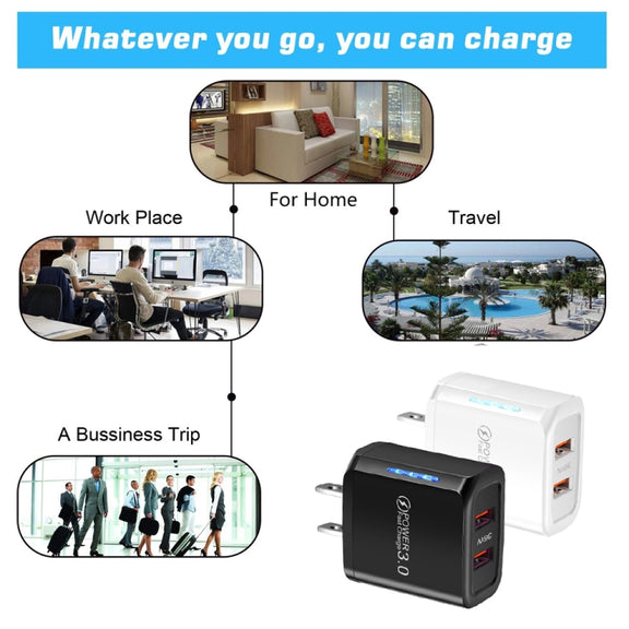 36W Dual Port QC3.0 USB Charger with 3A USB to 8 Pin Data Cable, US Plug(Black)