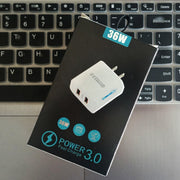 36W Dual Port QC3.0 USB Charger with 3A USB to 8 Pin Data Cable, US Plug(Black)