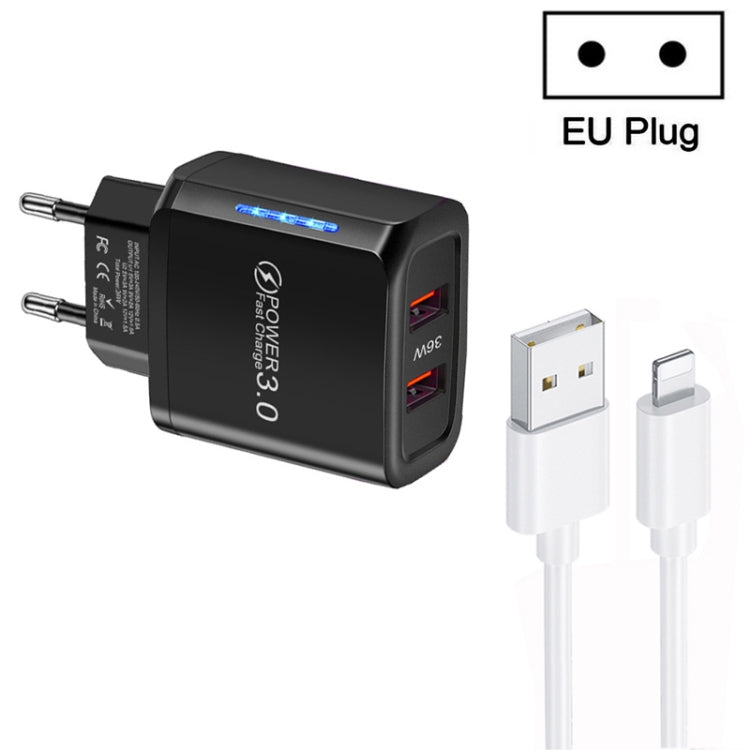 36W Dual Port QC3.0 USB Charger with 3A USB to 8 Pin Data Cable, EU Plug(Black)