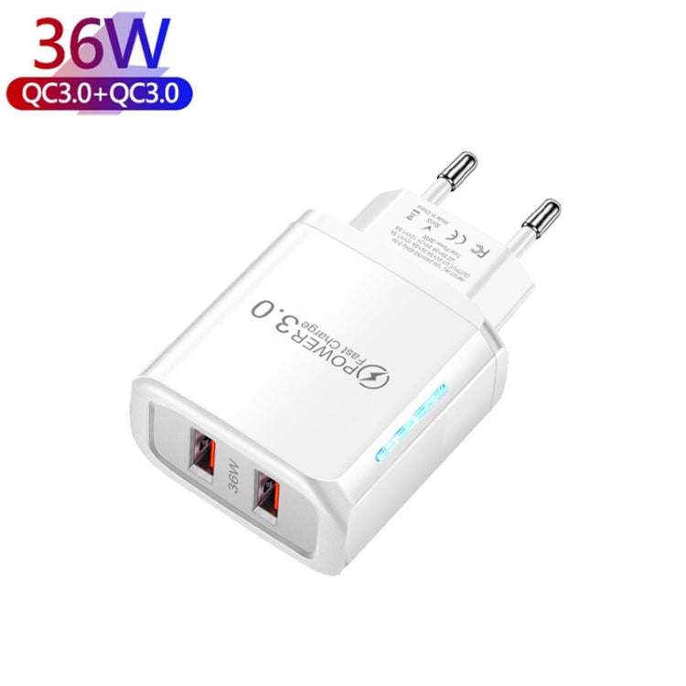 36W Dual Port QC3.0 USB Charger with 3A USB to 8 Pin Data Cable, EU Plug(White)