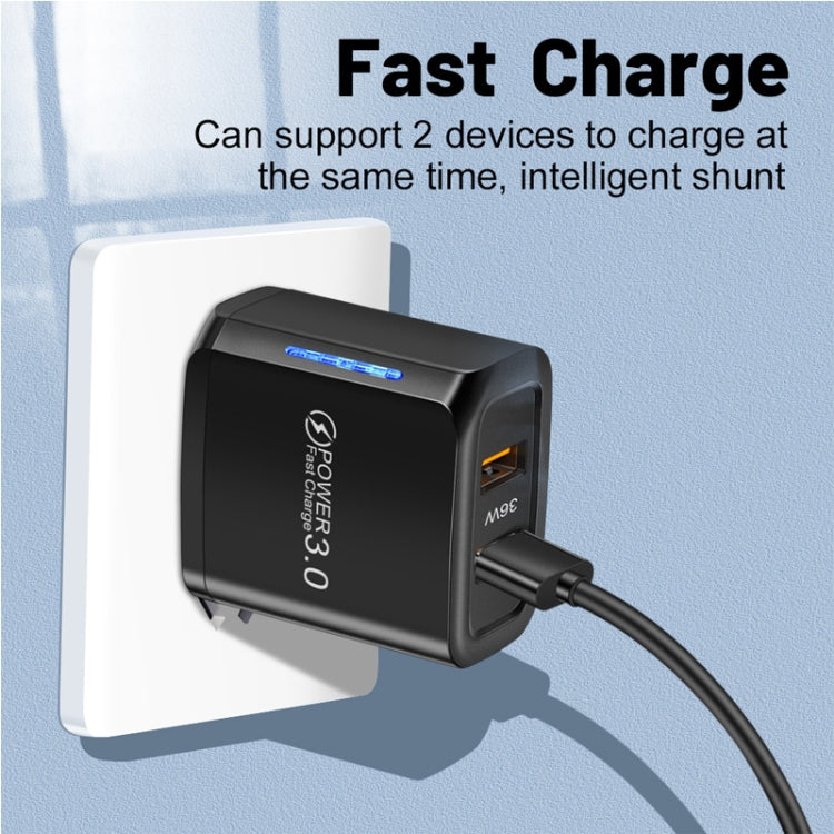 36W Dual Port QC3.0 USB Charger with 3A USB to 8 Pin Data Cable, EU Plug(White)