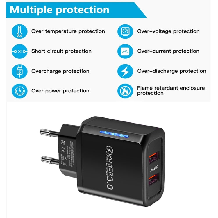 36W Dual Port QC3.0 USB Charger with 3A USB to 8 Pin Data Cable, EU Plug(White)