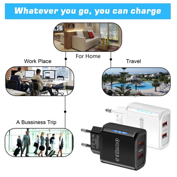 36W Dual Port QC3.0 USB Charger with 3A USB to 8 Pin Data Cable, EU Plug(White)