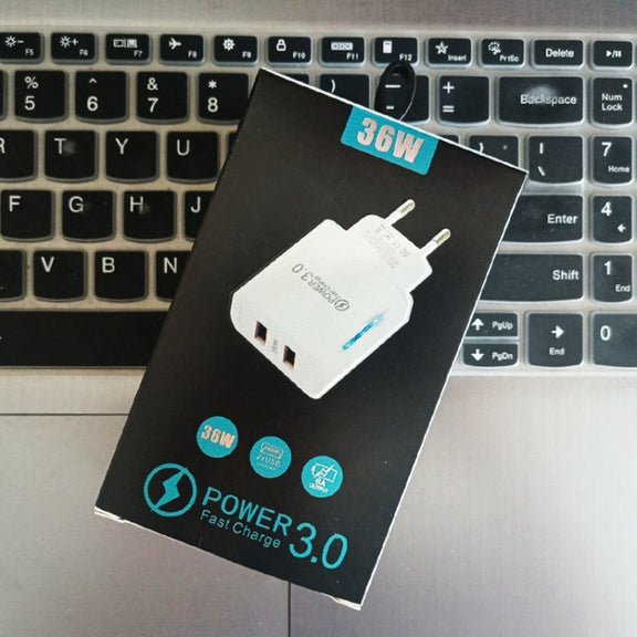 36W Dual Port QC3.0 USB Charger with 3A USB to 8 Pin Data Cable, EU Plug(White)