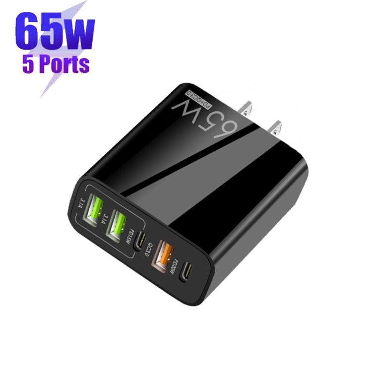 65W Dual PD Type-C + 3 x USB Multi Port Charger for Phone and Tablet PC, US Plug(Black)