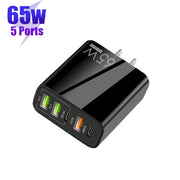 65W Dual PD Type-C + 3 x USB Multi Port Charger for Phone and Tablet PC, US Plug(Black)