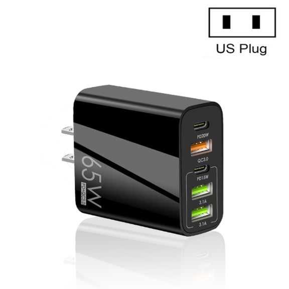 65W Dual PD Type-C + 3 x USB Multi Port Charger for Phone and Tablet PC, US Plug(Black)