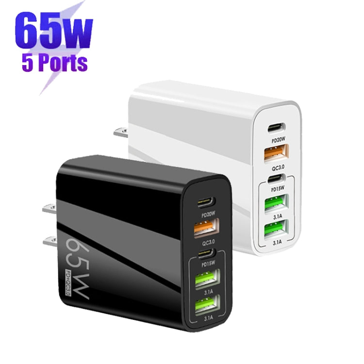 65W Dual PD Type-C + 3 x USB Multi Port Charger for Phone and Tablet PC, US Plug(Black)