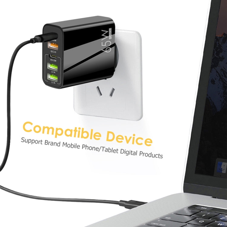 65W Dual PD Type-C + 3 x USB Multi Port Charger with 3A Type-C to 8 Pin Data Cable, US Plug(White)