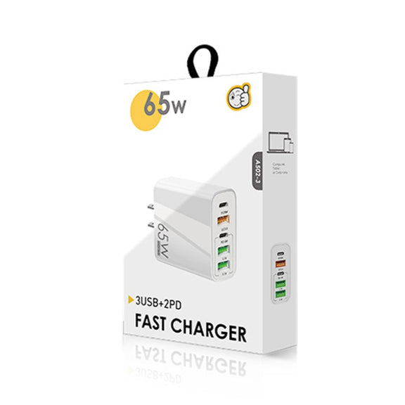 65W Dual PD Type-C + 3 x USB Multi Port Charger with 3A Type-C to 8 Pin Data Cable, US Plug(White)