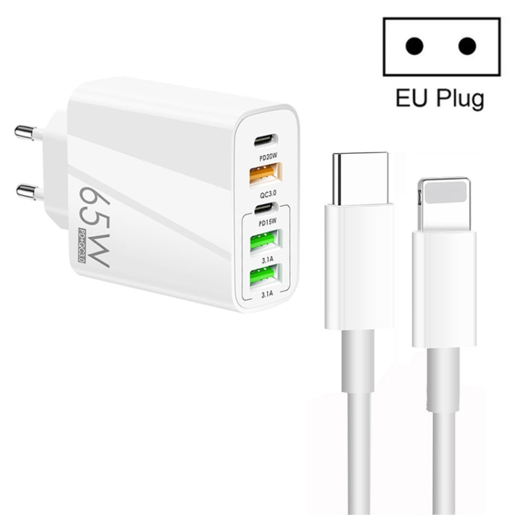 65W Dual PD Type-C + 3 x USB Multi Port Charger with 3A Type-C to 8 Pin Data Cable, EU Plug(White)