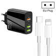 65W Dual PD Type-C + 3 x USB Multi Port Charger with 3A Type-C to 8 Pin Data Cable, EU Plug(Black) - USB Charger by PMC TechLife | Online Shopping South Africa | PMC TechLife | Buy Now Pay Later Mobicred
