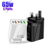 65W Dual PD Type-C + 3 x USB Multi Port Charger with 3A Type-C to 8 Pin Data Cable, UK Plug(White)