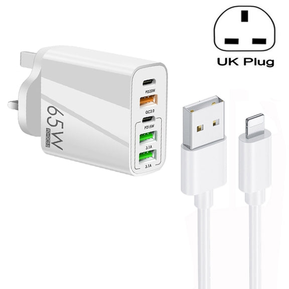 65W Dual PD Type-C + 3 x USB Multi Port Charger with 3A USB to 8 Pin Data Cable, UK Plug(White)